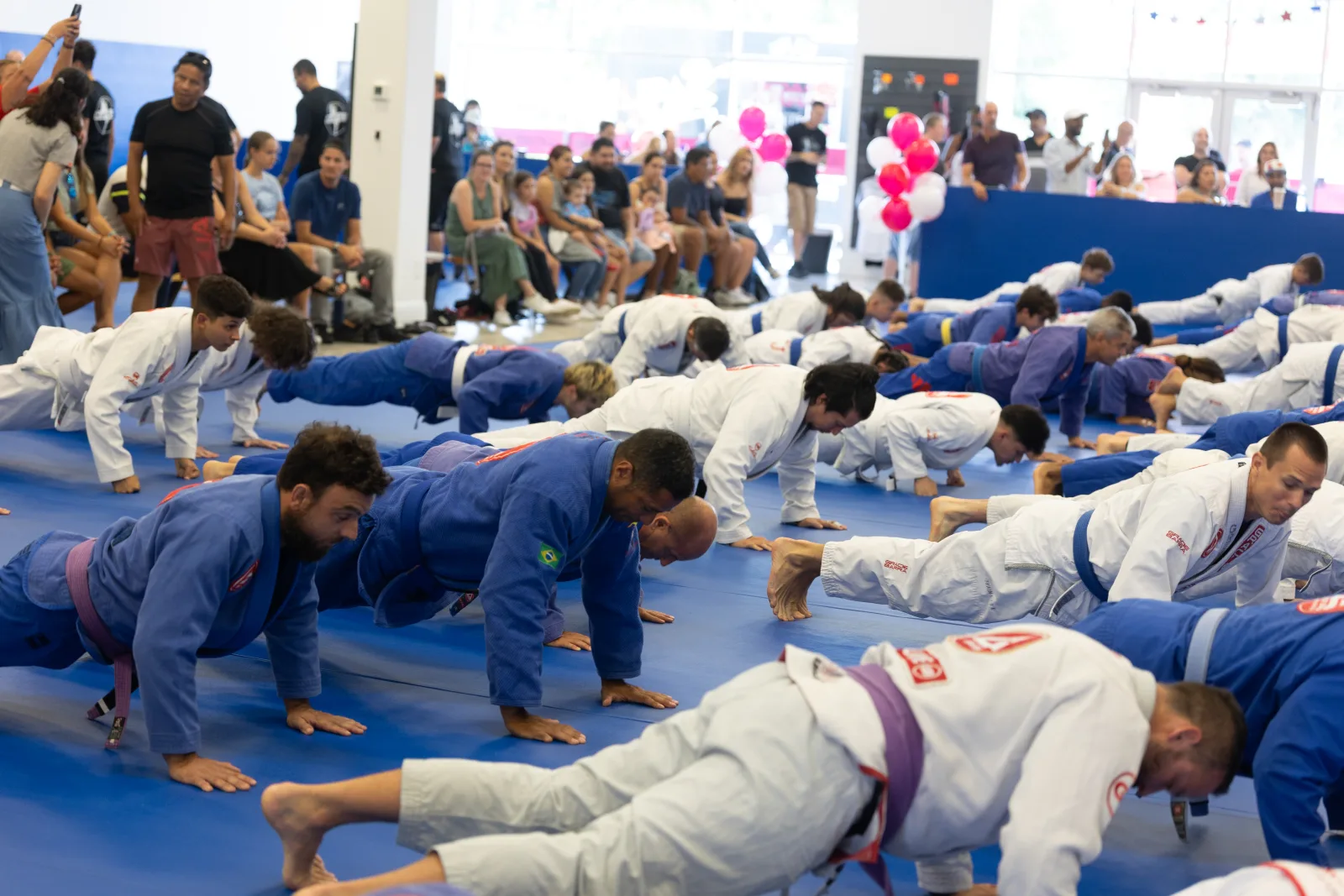 Adult Brazilian Jiu-Jitsu students at Gracie Barra Davenport doing pushups in their gis during a demo class